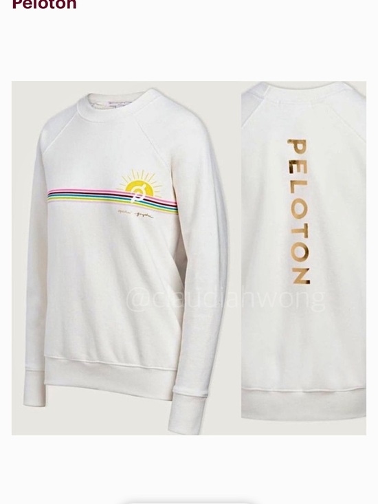 Spiritual Gangster Sweaters - Spiritual gangster xPeloton S White Striped Crewneck Sweatshirt with Sun Graphic